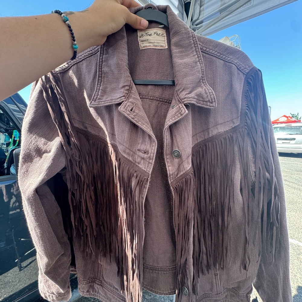 We The Free Brown Jean Jacket with Fringe Details